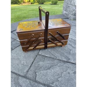 VTG Accordion Sewing Box Jewelry Case Wooden Cantilever Organizer Anti-Tarnish